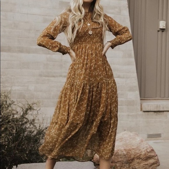 bohme Dresses & Skirts - Bohme Cornelia Smocked Tired Long Sleeve Bohemian Maxi Dress in Mustard